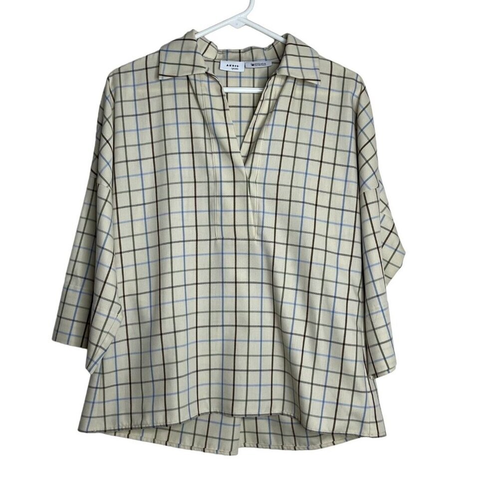 Akris Punto Windowpane Popover Blouse Cream Brown Blue Size 4